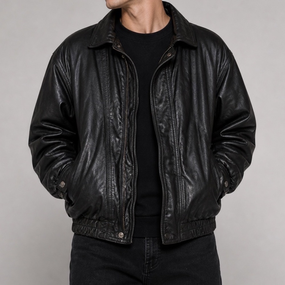 Montevideo Leather Factory Vintage Black Bomber Jacket Uruguay Mens XL